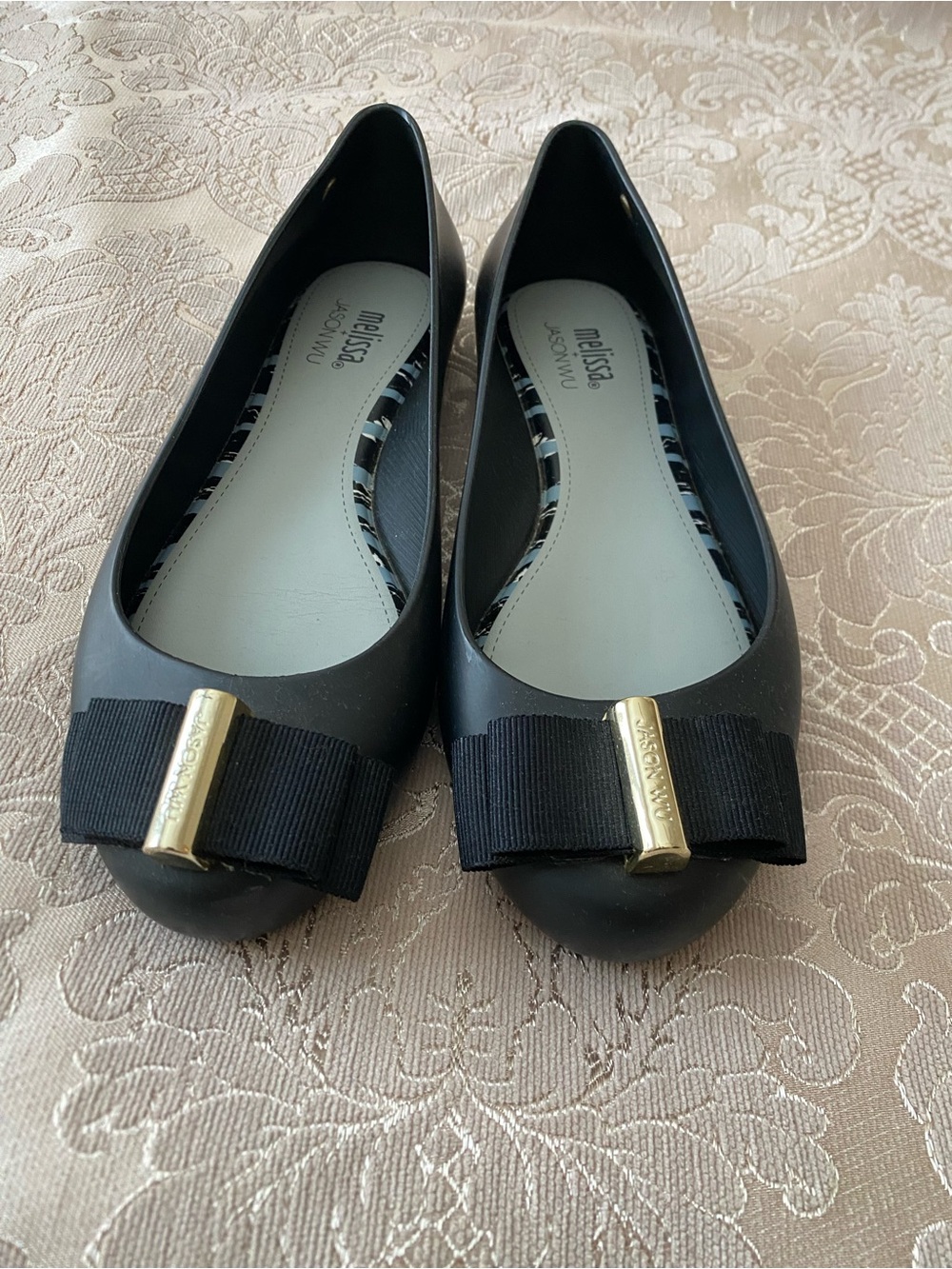 Melissa Black Flats with Grosgrain Bow and Gold Accent